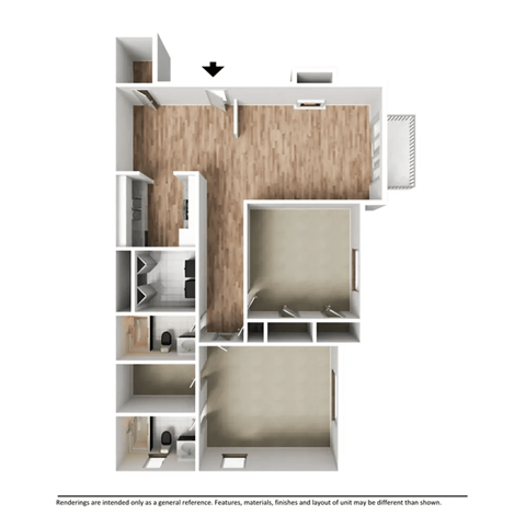 a 3d floor plan of a two-bedroom apartment at Ascend at Stone Mountain, Stone Mountain, GA, 30088